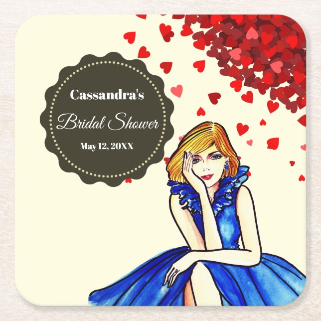 Dark Royal Blue Cocktail Gown Bridal Shower Square Paper Coaster (Front)