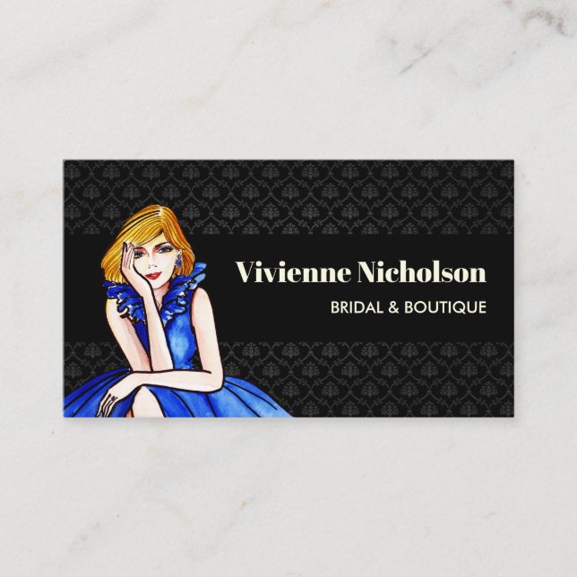 Dark Royal Blue Cocktail Gown Fashion Black Damask Business Card (Front)