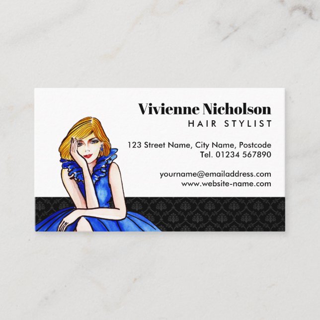 Dark Royal Blue Cocktail Gown Fashion Illustration Business Card (Front)