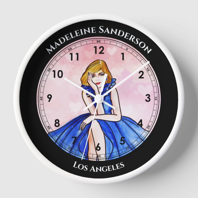 Dark Royal Blue Cocktail Gown Fashion Illustration Clock (Front)