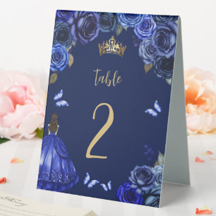 Dark Royal Blue Gold Floral Princess Quinceañera