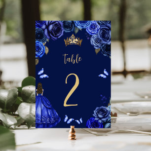 Dark Royal Blue Gold Floral Princess Quinceañera Table Number