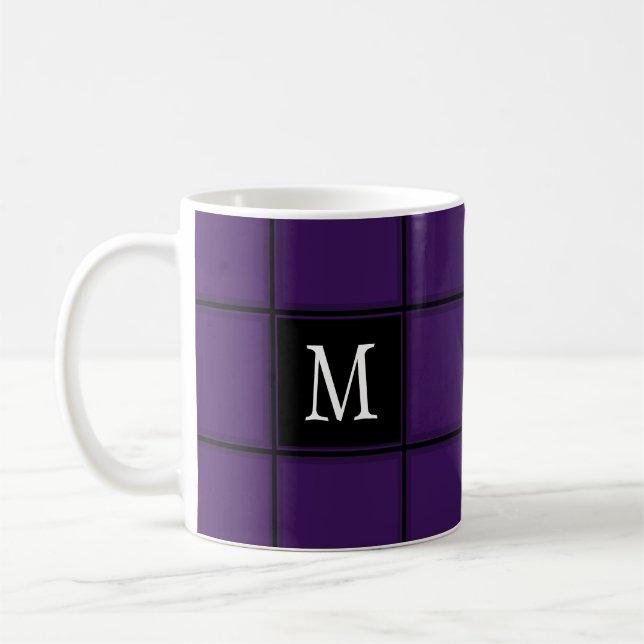 Dark Royal Purple Custom Single Initial Striped Coffee Mug (Left)