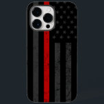Dark & Rugged Style | Thin Red Line Fire Rescue Case-Mate iPhone 14 Pro Max Case<br><div class="desc">An iPhone OtterBox case featuring a dark and distressed style Firefighter flag with a vibrant red line running through the centre of it. In the background is a faded dark American flag which is subtle enough to fly under the radar, but vivid enough to be a clear show of patriotism....</div>