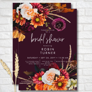 Dark Russet Boho Floral Burgundy Bridal Shower Invitation