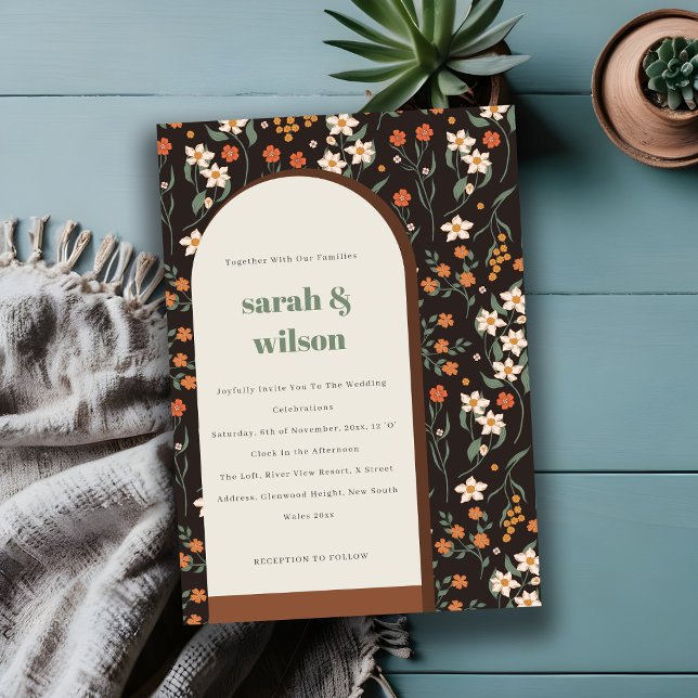 Dark Rust Orange Groovy Retro Arch Floral Wedding  Invitation (Creator Uploaded)