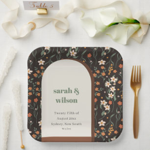 Dark Rust Orange Groovy Retro Arch Floral Wedding Paper Plate