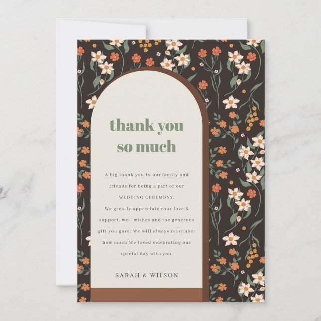Dark Rust Orange Groovy Retro Arch Floral Wedding Thank You Card (Front)