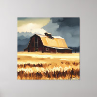 Dark Rustic Barn & Wheat Field Watercolor