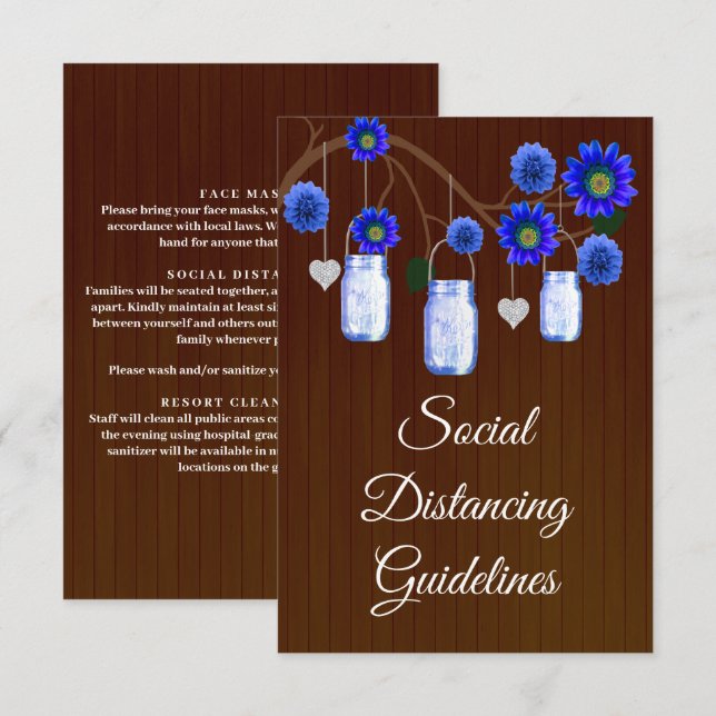 Dark Rustic Blue Floral Mason Jar Safety Measures Enclosure Card (Front/Back)