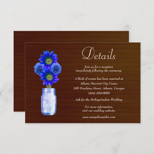 Dark Rustic Blue Floral Mason Jar Wedding Details Enclosure Card (Front/Back)