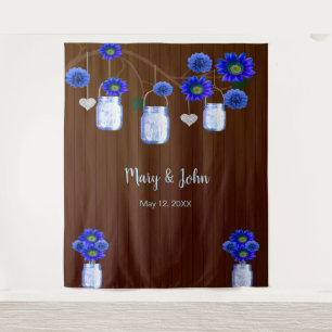 Dark Rustic Blue Floral Mason Jars Photo Backdrop Tapestry