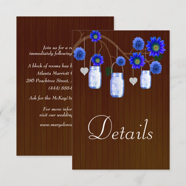 Dark Rustic Blue Floral Mason Jars Wedding Details Enclosure Card (Front/Back)