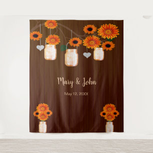 Dark Rustic Orange Floral Mason Jar Photo Backdrop Tapestry