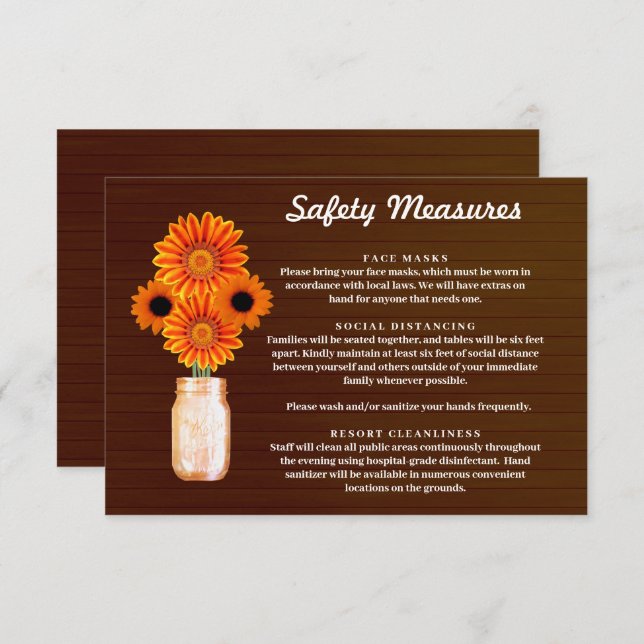 Dark Rustic Orange Floral Mason Jar Safety Measure Enclosure Card (Front/Back)