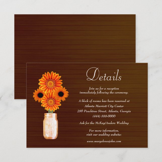 Dark Rustic Orange Floral Mason Jar Wedding Detail Enclosure Card (Front/Back)