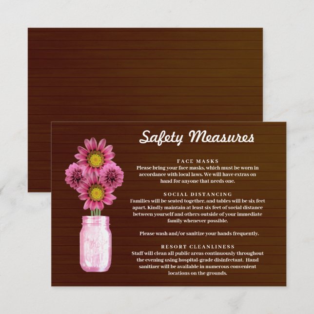 Dark Rustic Pink Floral Mason Jar Safety Measures Enclosure Card (Front/Back)