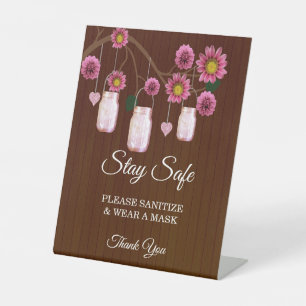 Dark Rustic Pink Floral Mason Jar Wedding Safety Pedestal Sign
