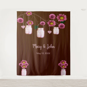 Dark Rustic Pink Floral Mason Jars Photo Backdrop Tapestry