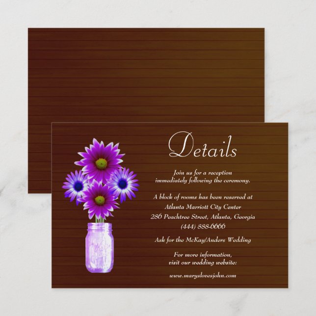 Dark Rustic Purple Floral Mason Jar Wedding Detail Enclosure Card (Front/Back)