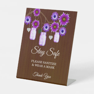 Dark Rustic Purple Floral Mason Jar Wedding Safety Pedestal Sign