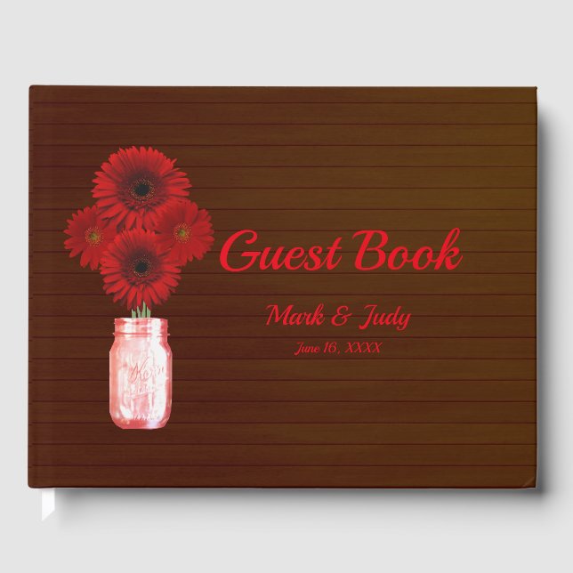 Dark Rustic Red Floral Mason Jar Wedding Guest Book (Front)