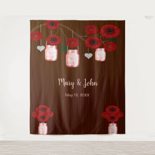Dark Rustic Red Floral Mason Jars Photo Backdrop Tapestry