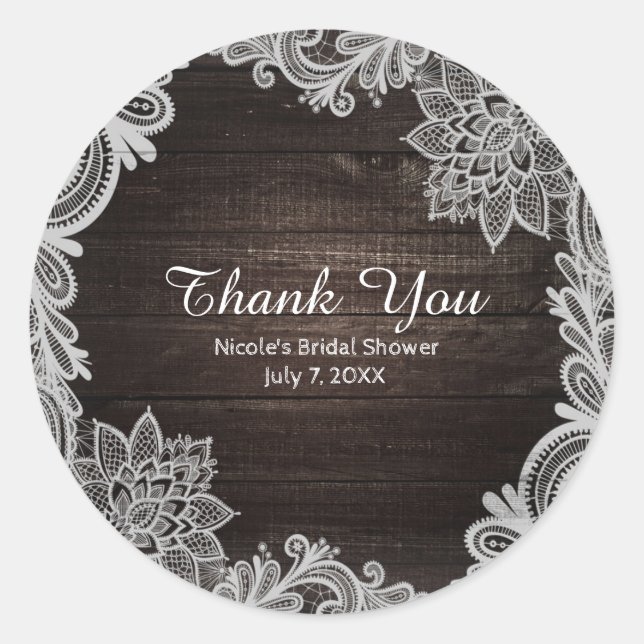 Dark Rustic Wood & Elegant Lace Wedding Favour Classic Round Sticker (Front)