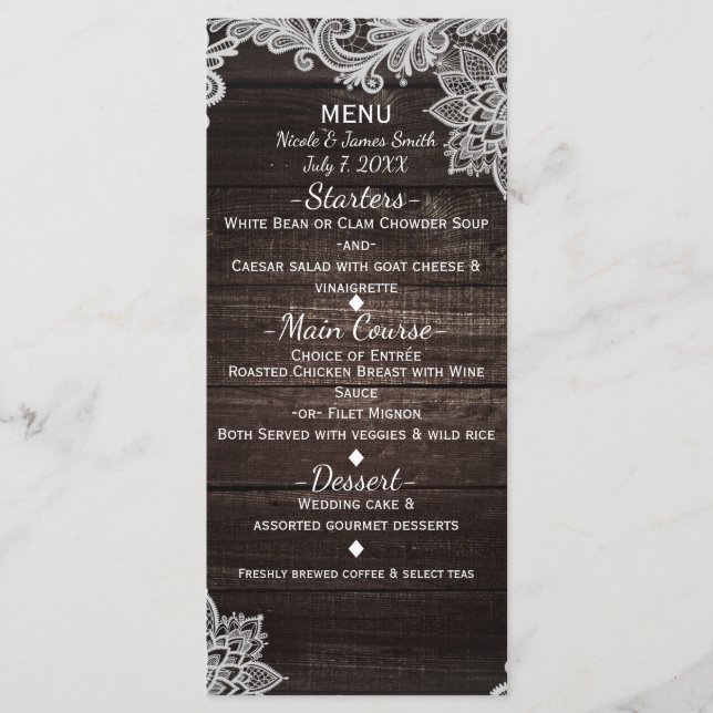Dark Rustic Wood & Elegant Lace Wedding Menu (Front)