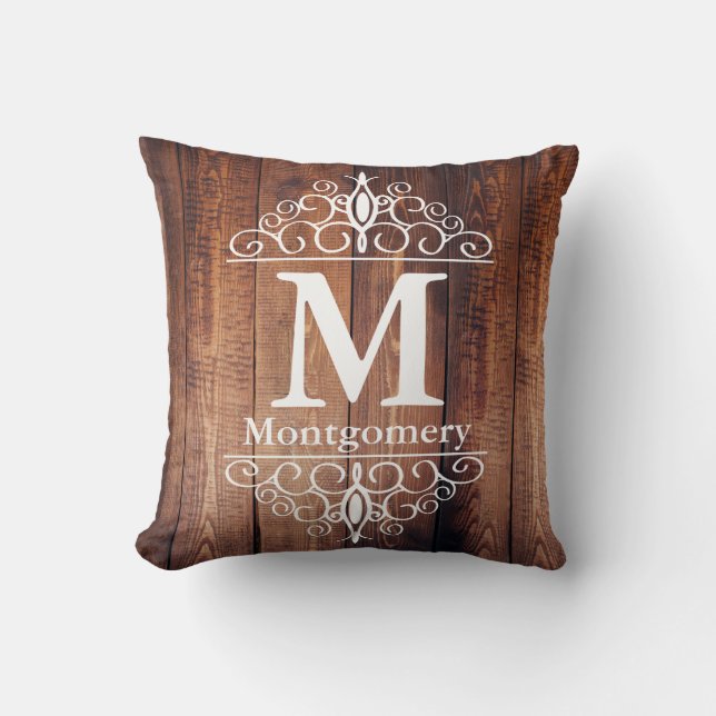 Dark Rustic Wood Planks White Scrolls Monogram Cushion (Front)