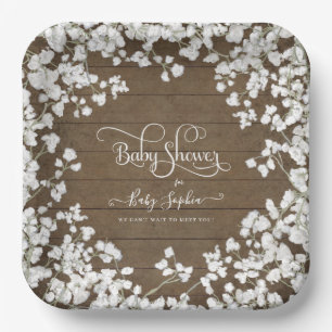 Dark Rustic Wood Script Babys Breath Baby Shower Paper Plate