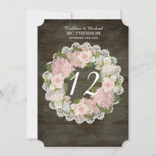 Dark Rustic Wood Table Numbers Pink Hydrangea Rose