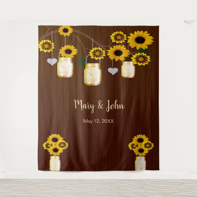 Dark Rustic Yellow Floral Mason Jar Photo Backdrop Tapestry (Front)