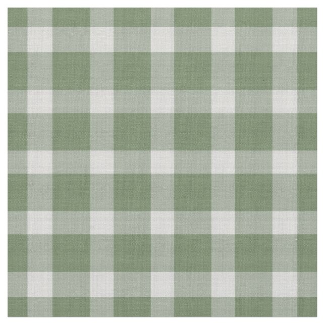 Dark Sage Green and white checkered plaid gingham Fabric (Close Up)