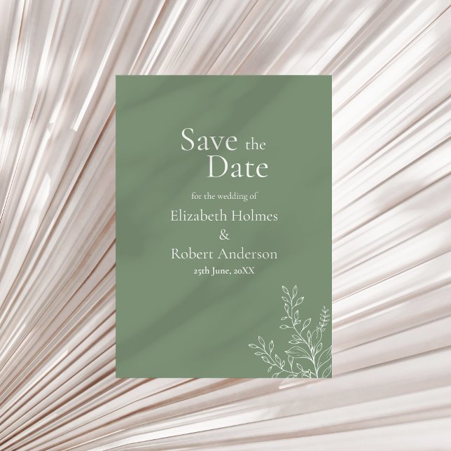 Dark Sage Green Botanical Save the Date Invitation (Dark Sage Green Botanical Save the Date Invitation on a neutral dry palm leaf.)