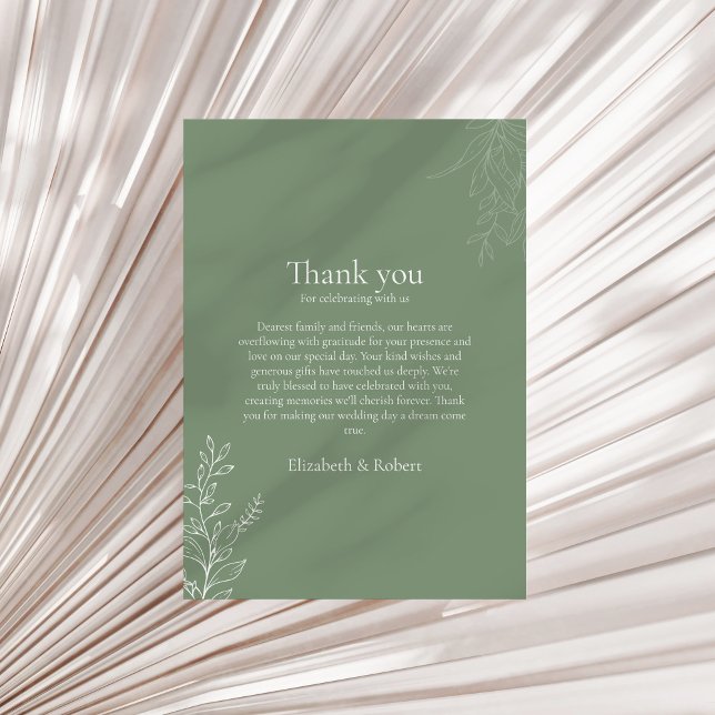 Dark Sage Green Botanical Thank You Card (Dark Sage Green Botanical Thank You Card on a neutral dry palm leaf.)