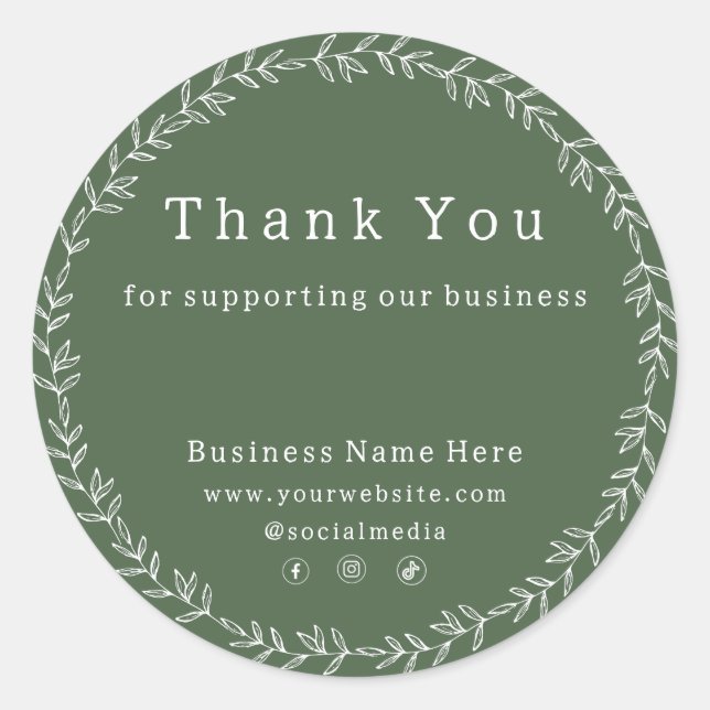 Dark Sage Green Chic Whimsical Business Wedding Classic Round Sticker (Front)