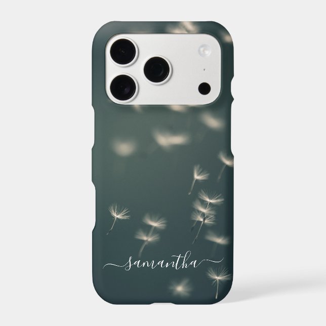 Dark Sage Green Dandelion White Script Name Case-M (Back)
