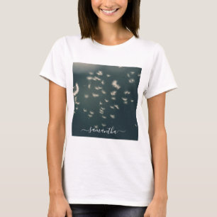 Dark Sage Green Dandelion White Script Name T-Shirt
