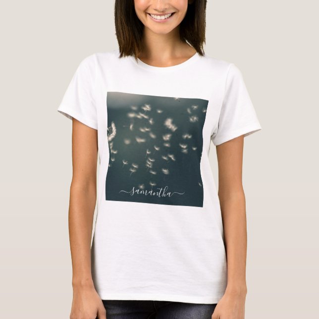 Dark Sage Green Dandelion White Script Name T-Shirt (Front)