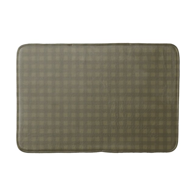 Dark Sage Green Gingham Plaid Patterned Bath Mat (Front)