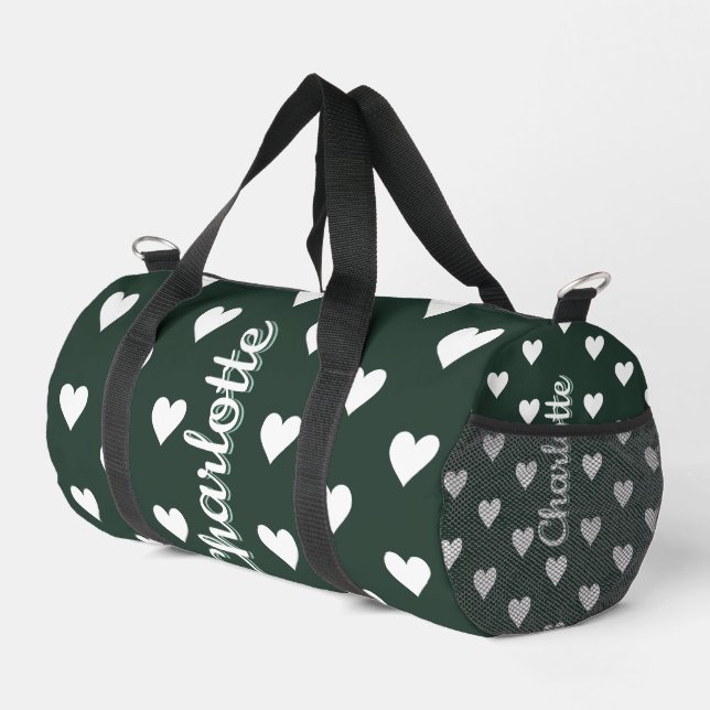 Dark Sage Green Hearts Personalized Name Duffle Bag (Right Corner)