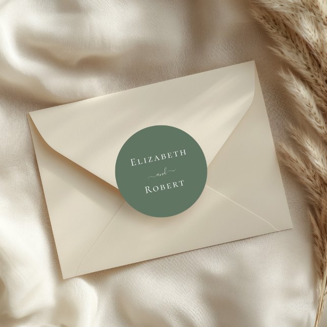 Dark Sage Green Minimalist Couple Names Wedding Classic Round Sticker (Dark Sage Green Minimalist Couple Names Wedding Classic Round Sticker on a wedding envelope)