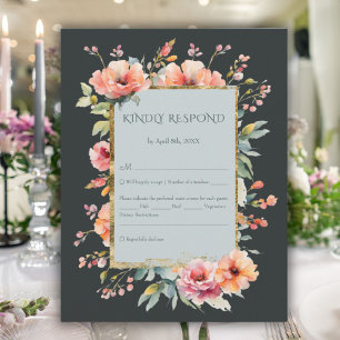 Dark Sage Green Rustic Pink Floral Monogram RSVP Card
