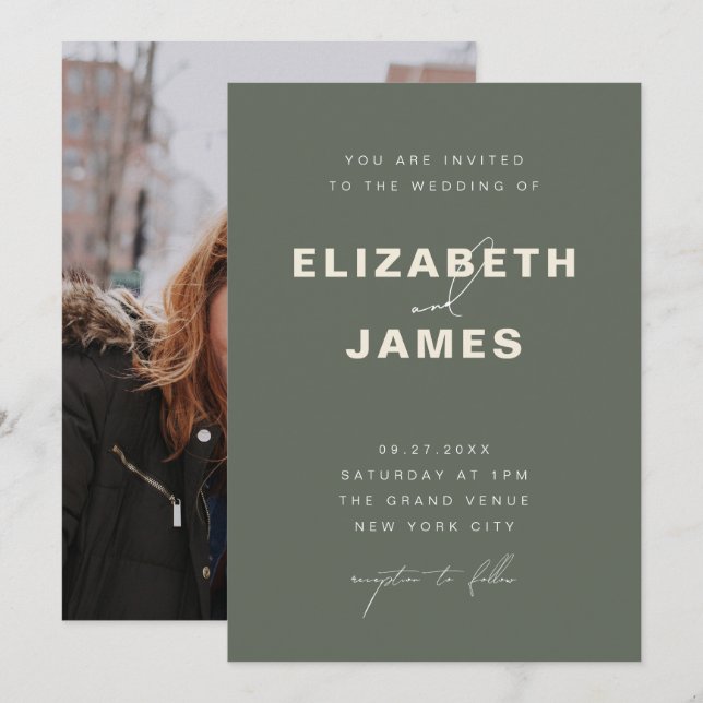 Dark Sage Green Simple Modern Minimalist Wedding Invitation (Front/Back)