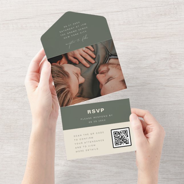 Dark Sage Minimalist Wedding Photo QR Code RSVP All In One Invitation (Tearaway)