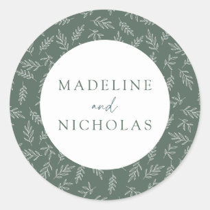 Dark Sage Modern Minimalist Botanical Wedding Classic Round Sticker