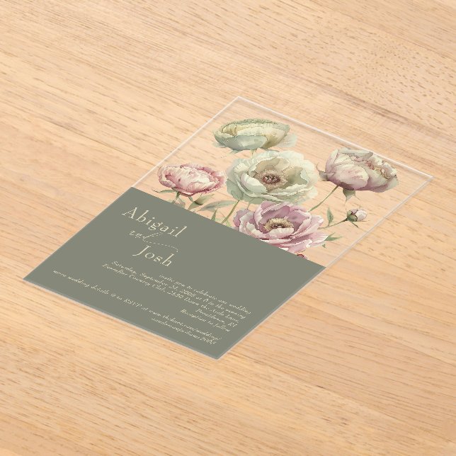 Dark Sage Pink & Sage Floral Peonies Acrylic  Invitations (Laydown)