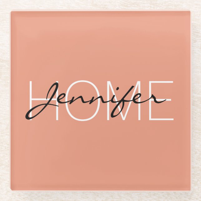 Dark salmon colour home monogram glass coaster (Front)