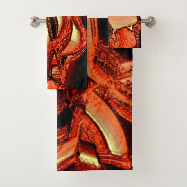 Dark salmon or coral destroyed, black background bath towel set (Insitu)